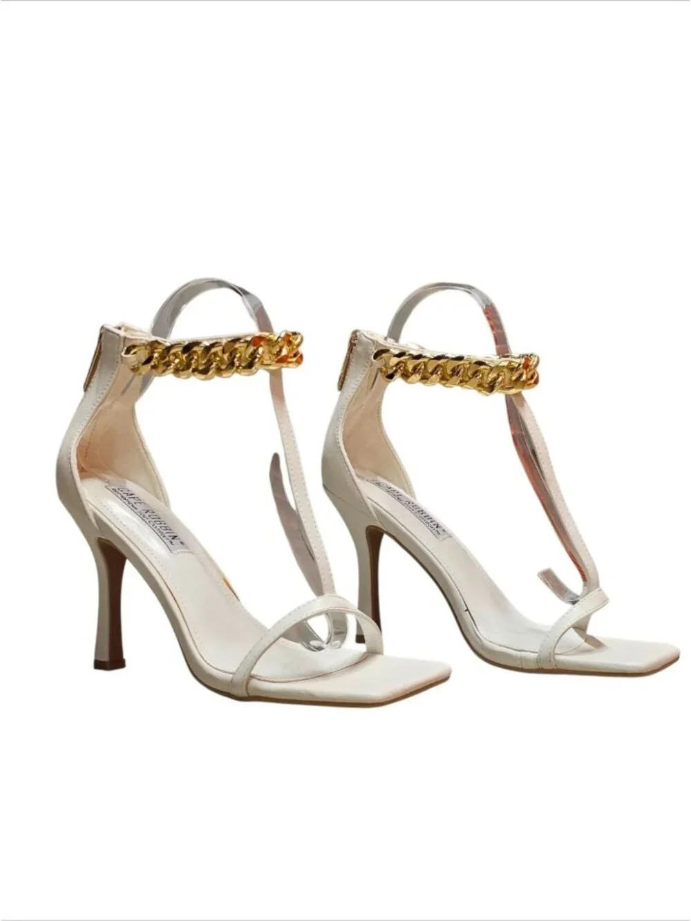 Gold Chain Ankle Strap White High Heel Sandals With Square Toe Stiletto Heel Chi